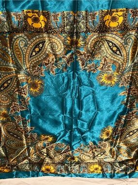 Turquoise & Gold Floral Paisley Satin Scarf - Unbranded